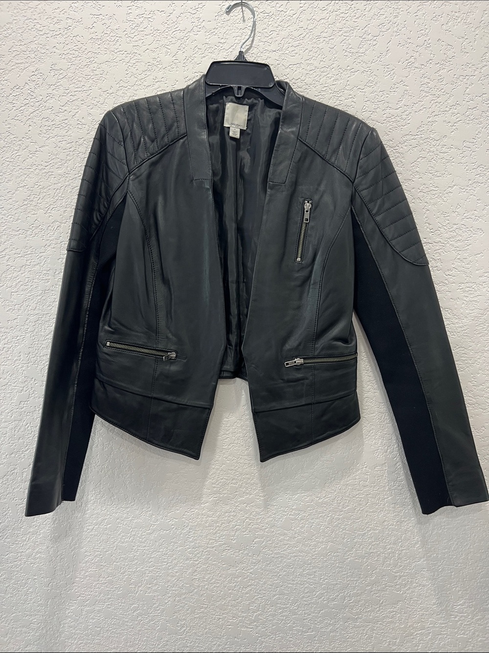Halogen Black Leather Moto Jacket with Quilted Shoulders